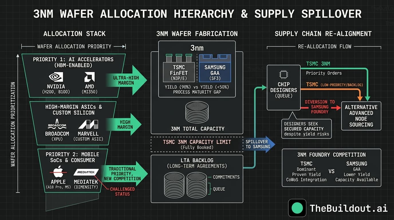 TSMC prioritizes AI chip orders as 3nm capacity constraints drive designers toward Samsung