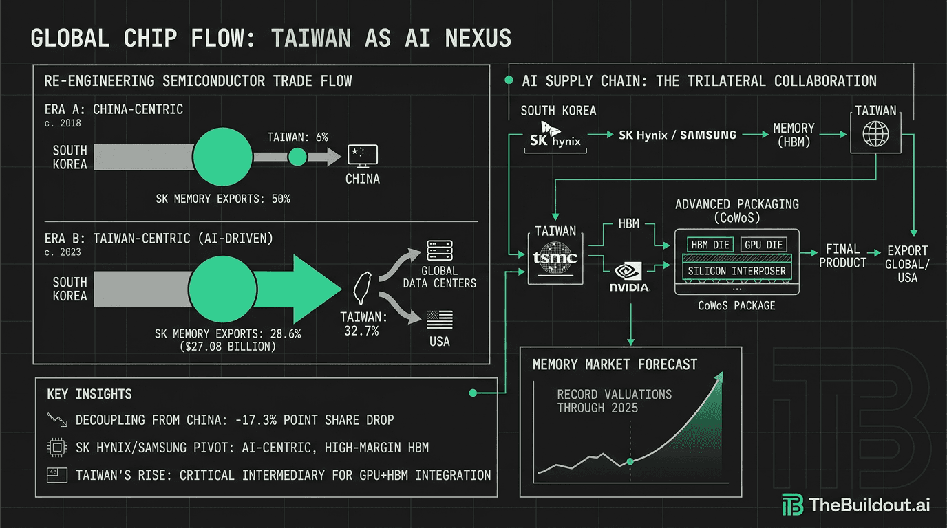 Taiwan emerges as a major South Korean memory export hub due to HBM packaging and Nvidia demand